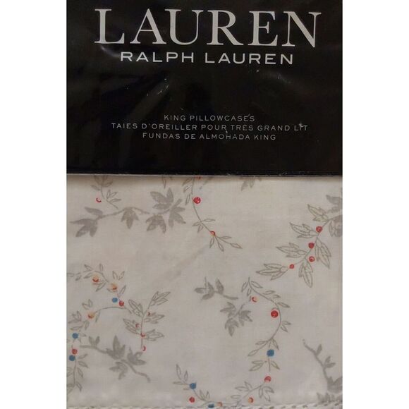 Ralph Lauren CAROLYNE VINE White Grey Floral Cotton King Pillowcases 2-Pack - Picture 7 of 10
